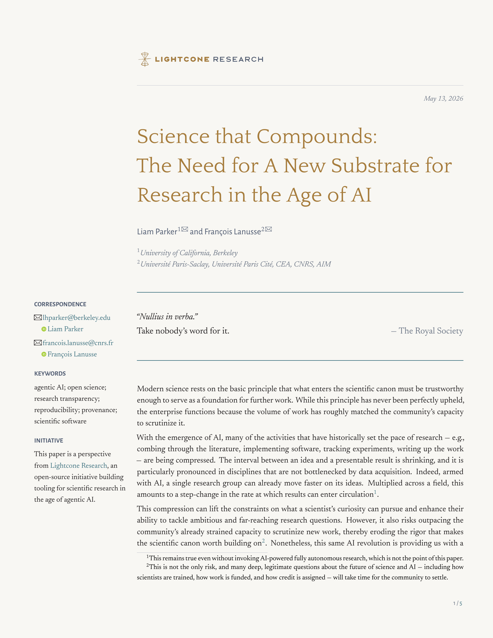 Parker & Lanusse, Science that Compounds — Lightcone Research, May 2026